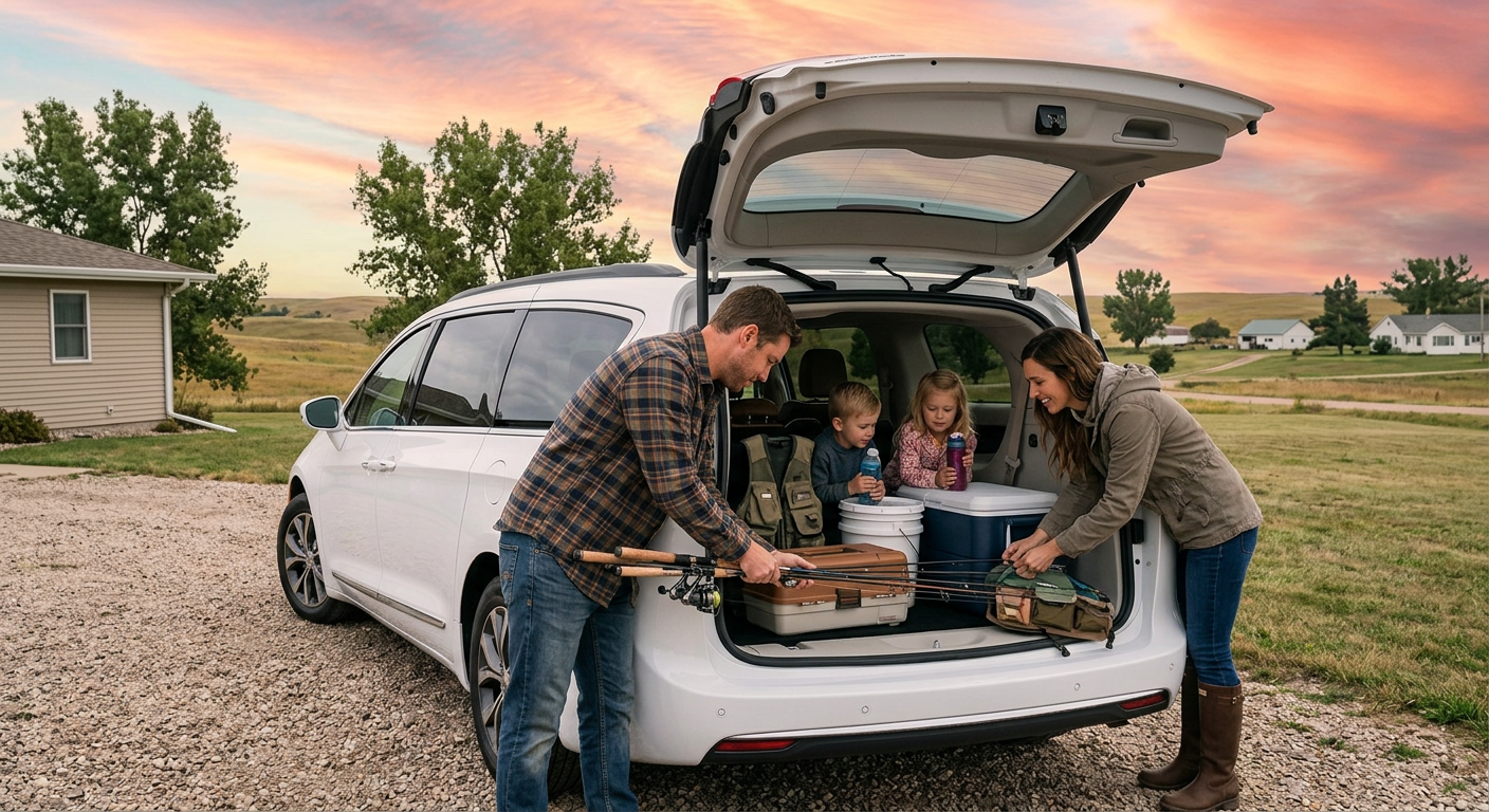 Family loading fishing gear into a 2026 Chrysler Pacifica at Beadle's in Bowdle SD