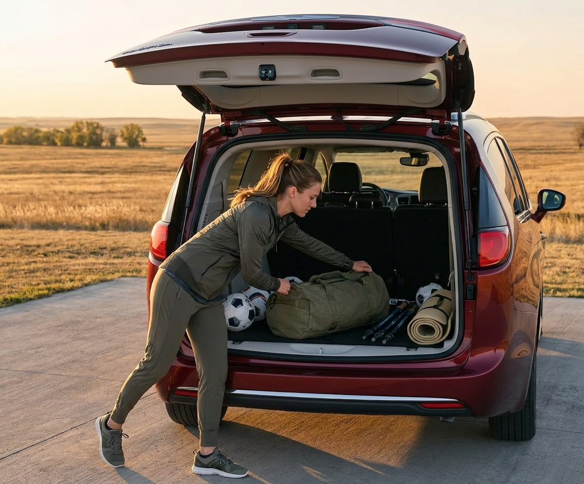 Family loading outdoor gear into a 2026 Chrysler Pacifica at Beadle's in Bowdle SD