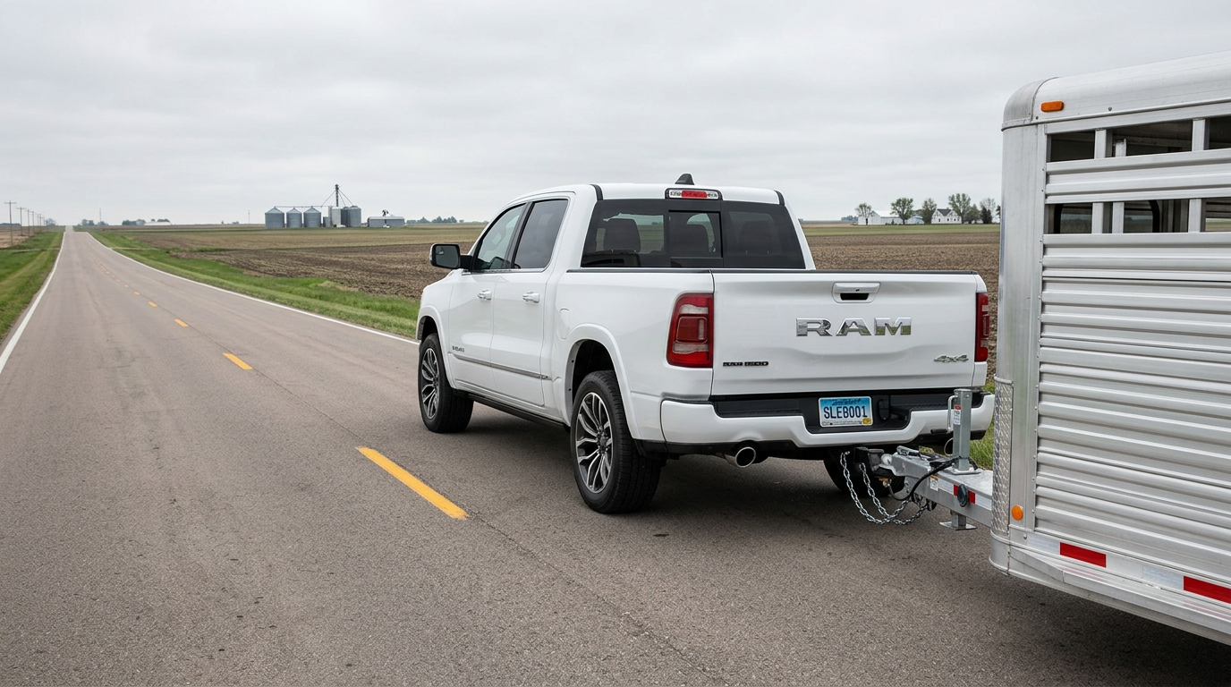 2026 Ram 1500 towing a livestock trailer in South Dakota