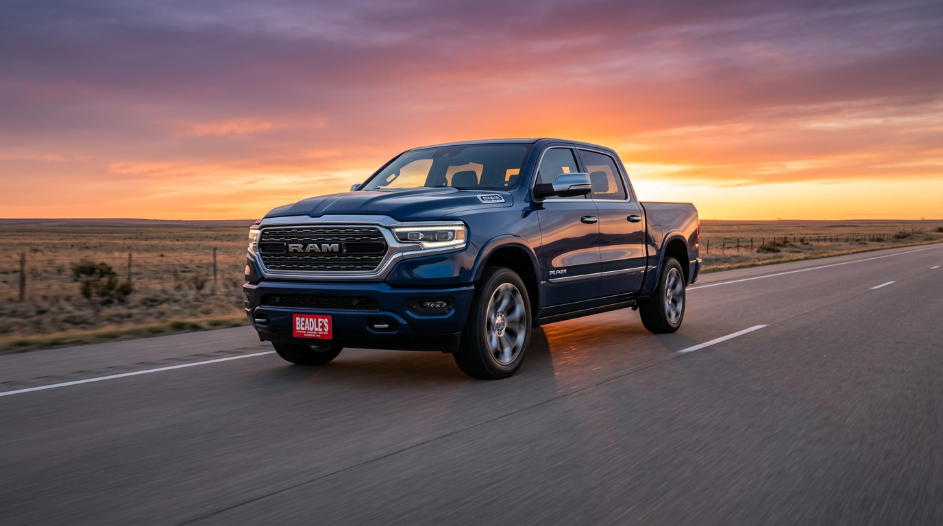 2026 Ram 1500 Limited on a South Dakota highway at sunset