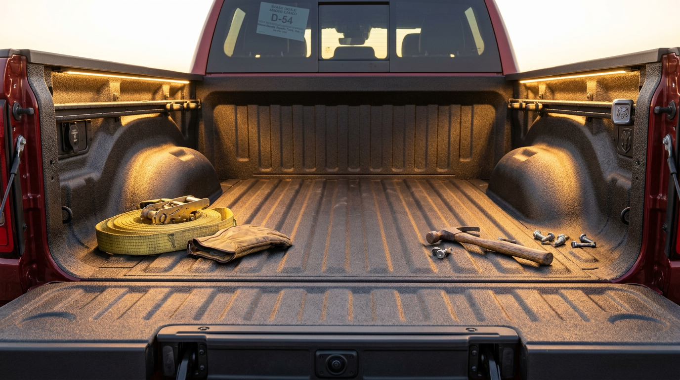 2026 Ram 1500 truck bed with cargo tie-downs and bedliner