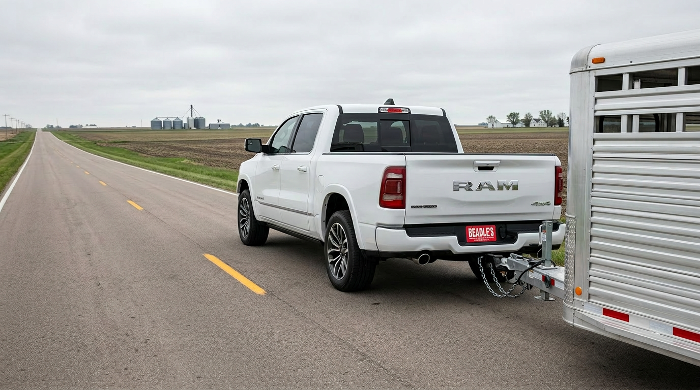 2026 Ram 1500 towing a livestock trailer in South Dakota