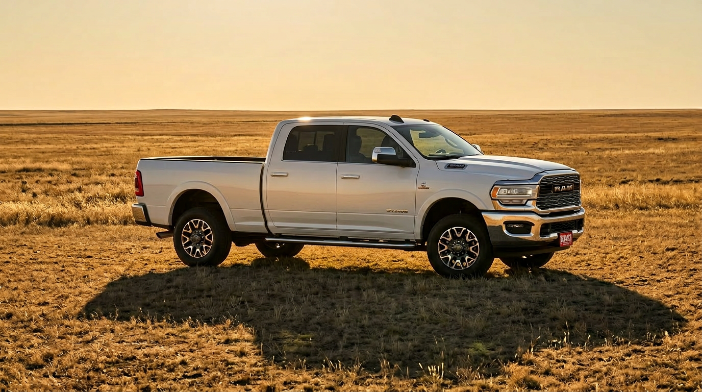 2026 Ram 2500 Crew Cab side profile on South Dakota prairie at golden hour
