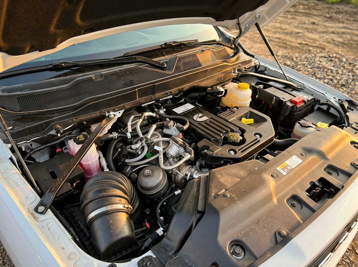 2026 Ram 2500 engine bay with hood open at golden hour