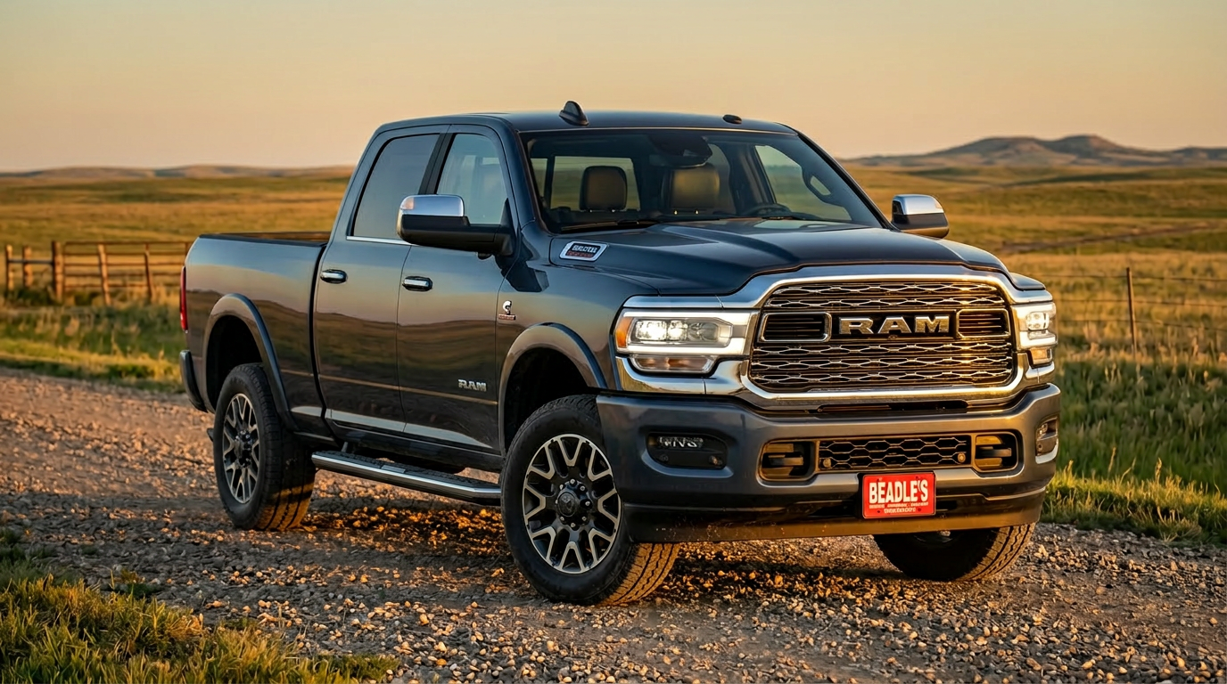 2026 Ram 2500 Crew Cab front three-quarter view on a South Dakota gravel road at sunset