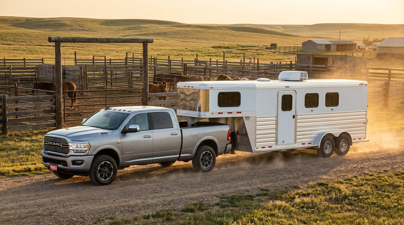 Ram 2500 towing a gooseneck livestock trailer on a South Dakota ranch