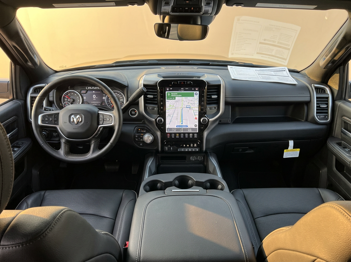 2026 Ram 2500 interior showing touchscreen display and leather seats