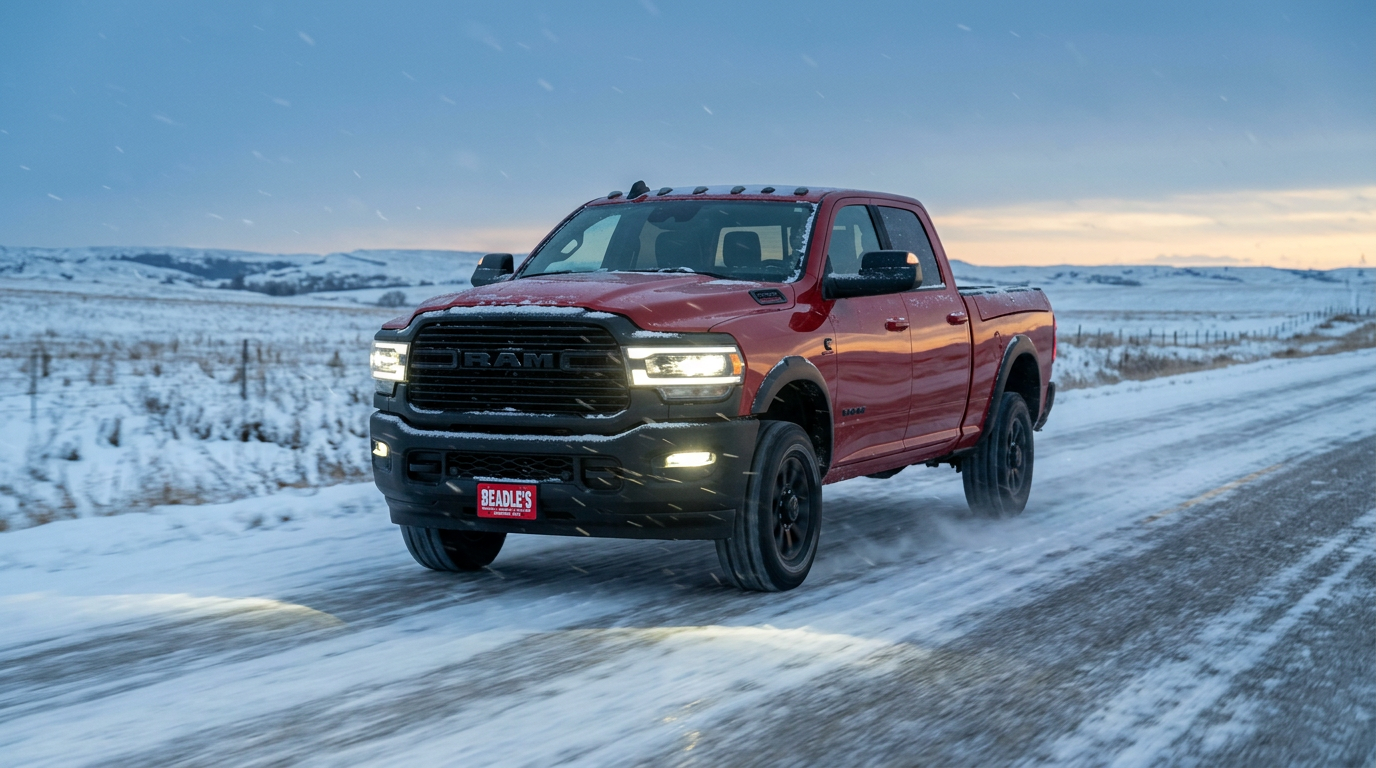 2026 Ram 2500 driving on a snowy South Dakota road in winter