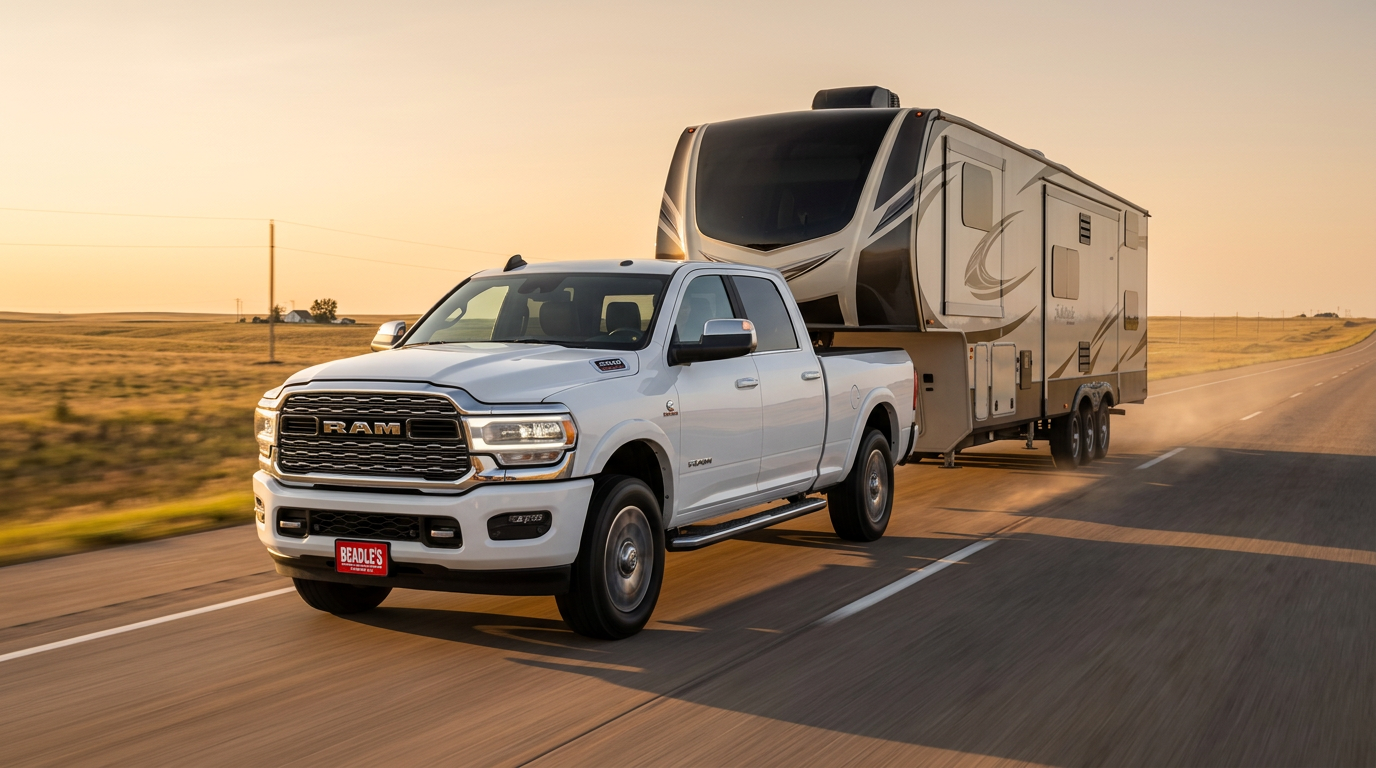 2026 Ram 2500 towing a fifth-wheel trailer on a South Dakota highway at golden hour