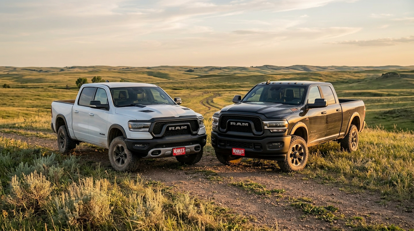 2026 Ram 2500 parked next to a Ram 1500 showing size comparison at golden hour