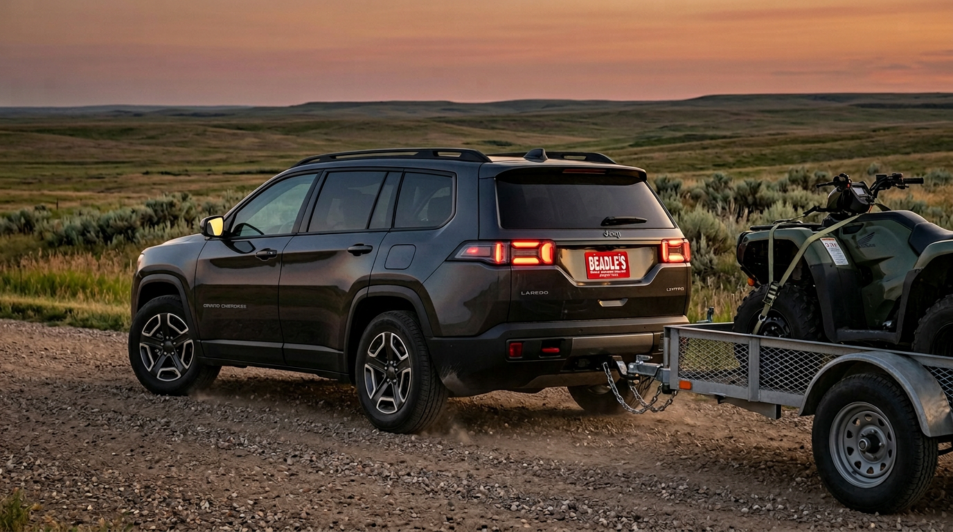 2026 Jeep Cherokee towing utility trailer on South Dakota gravel road