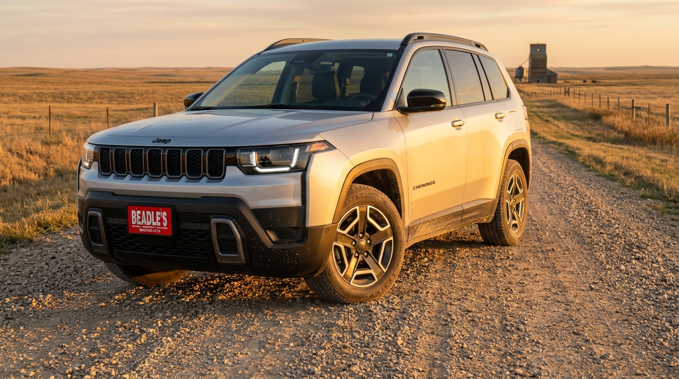 2026 Jeep Cherokee on South Dakota gravel road at golden hour