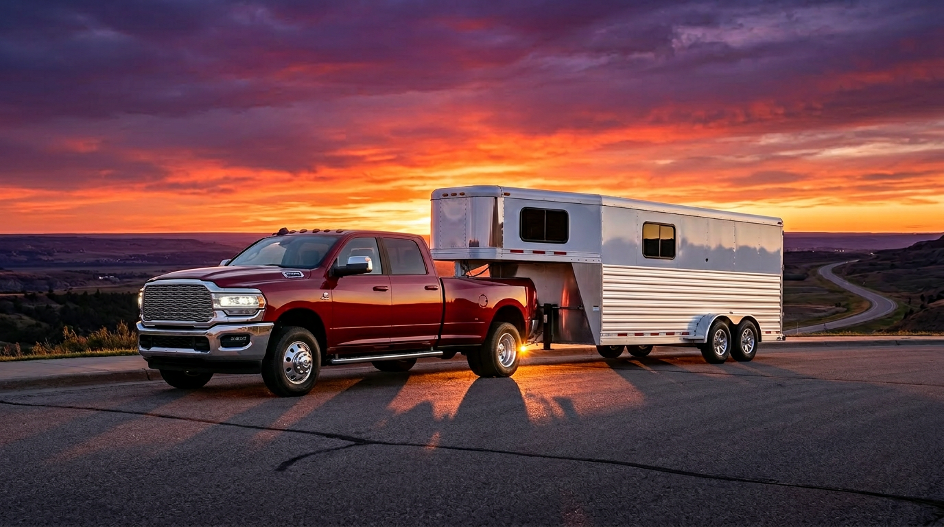 Ram 3500 dually towing a gooseneck livestock trailer on a South Dakota highway