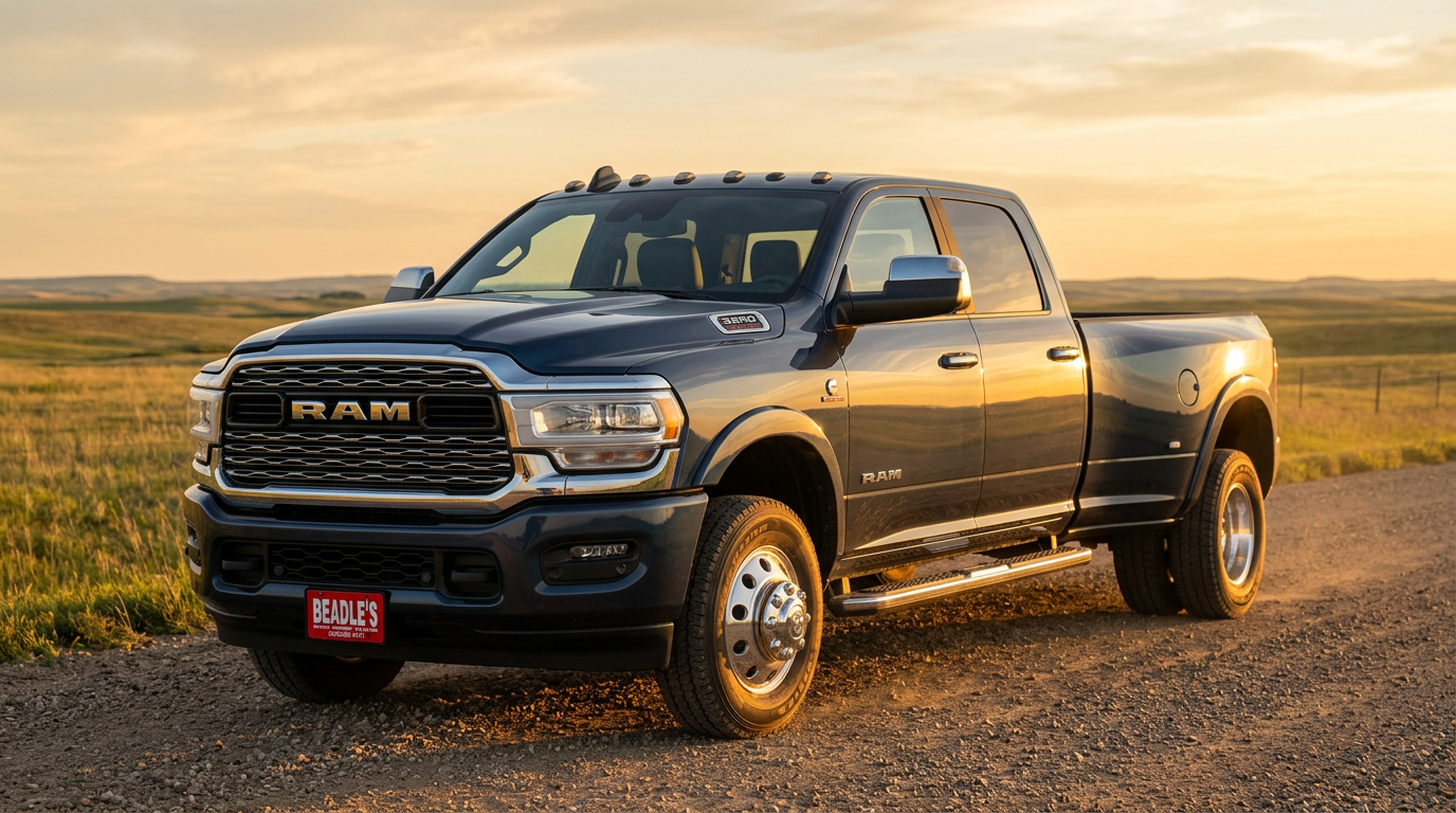 Ram 3500 dually front three-quarter view on a South Dakota gravel road at golden hour