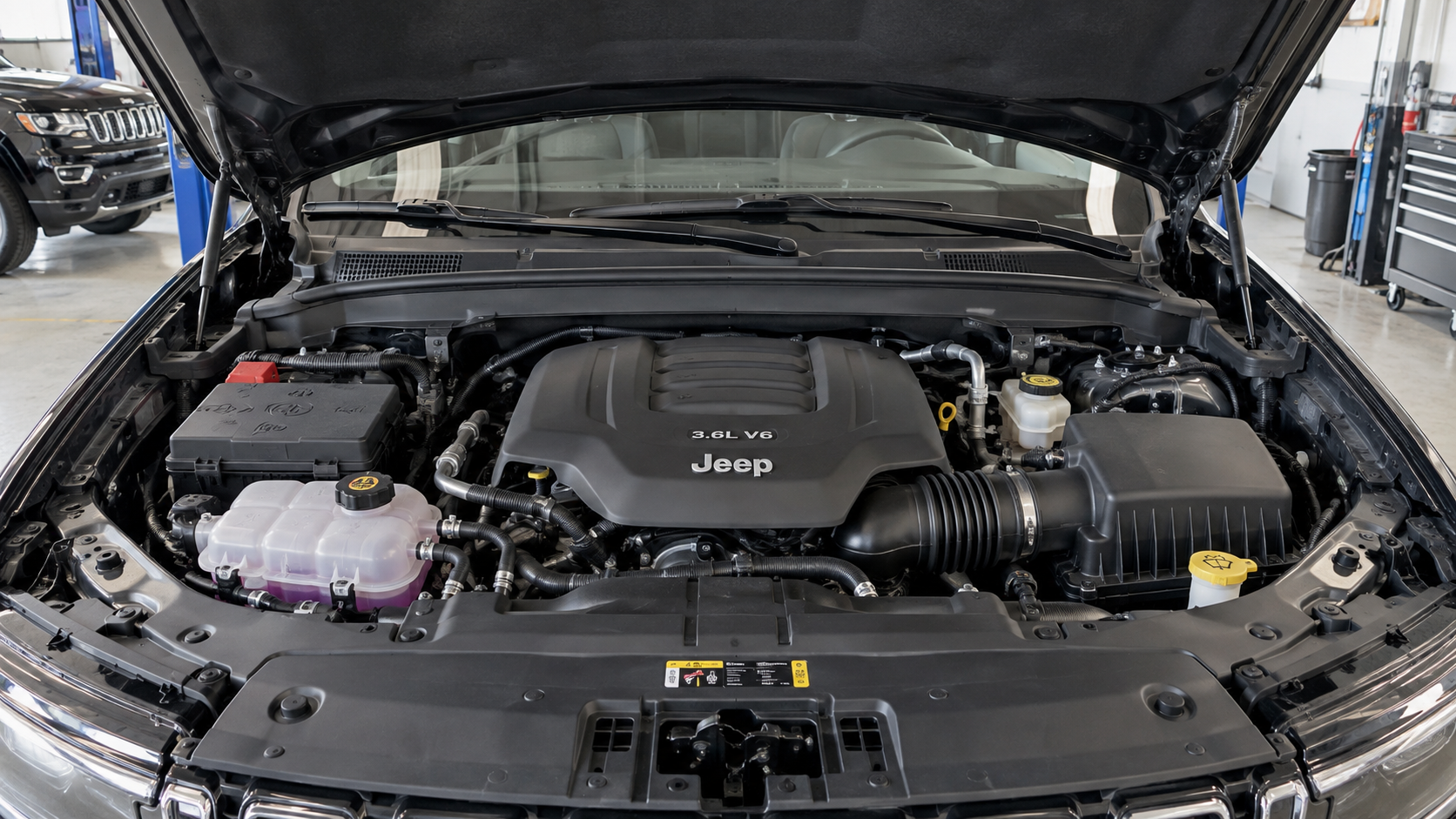 2026 Jeep Grand Cherokee 3.6L Pentastar V6 engine bay, at Beadle's Chrysler Center
