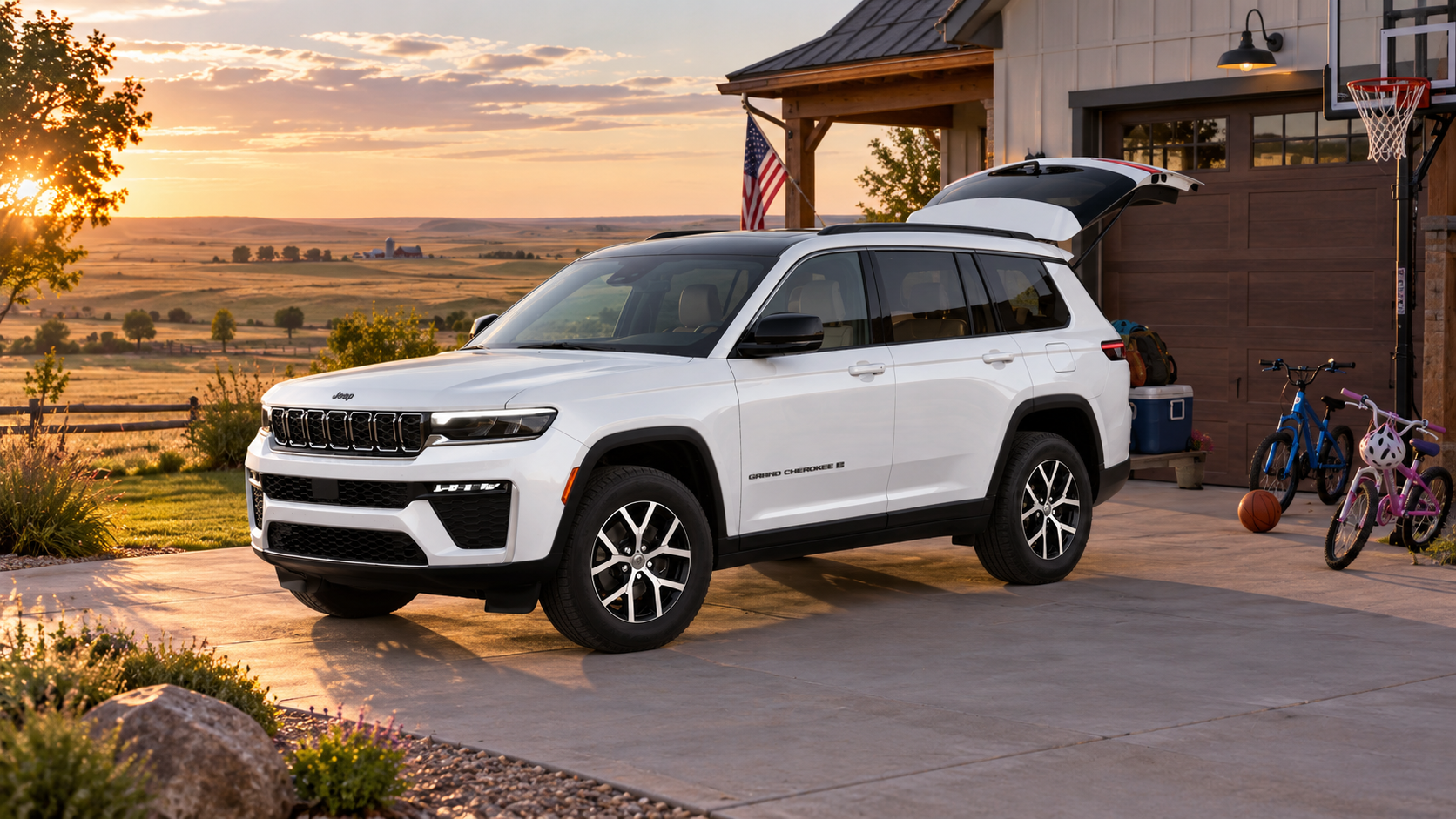 White 2026 Jeep Grand Cherokee L parked at a South Dakota home, at Beadle's Chrysler Center