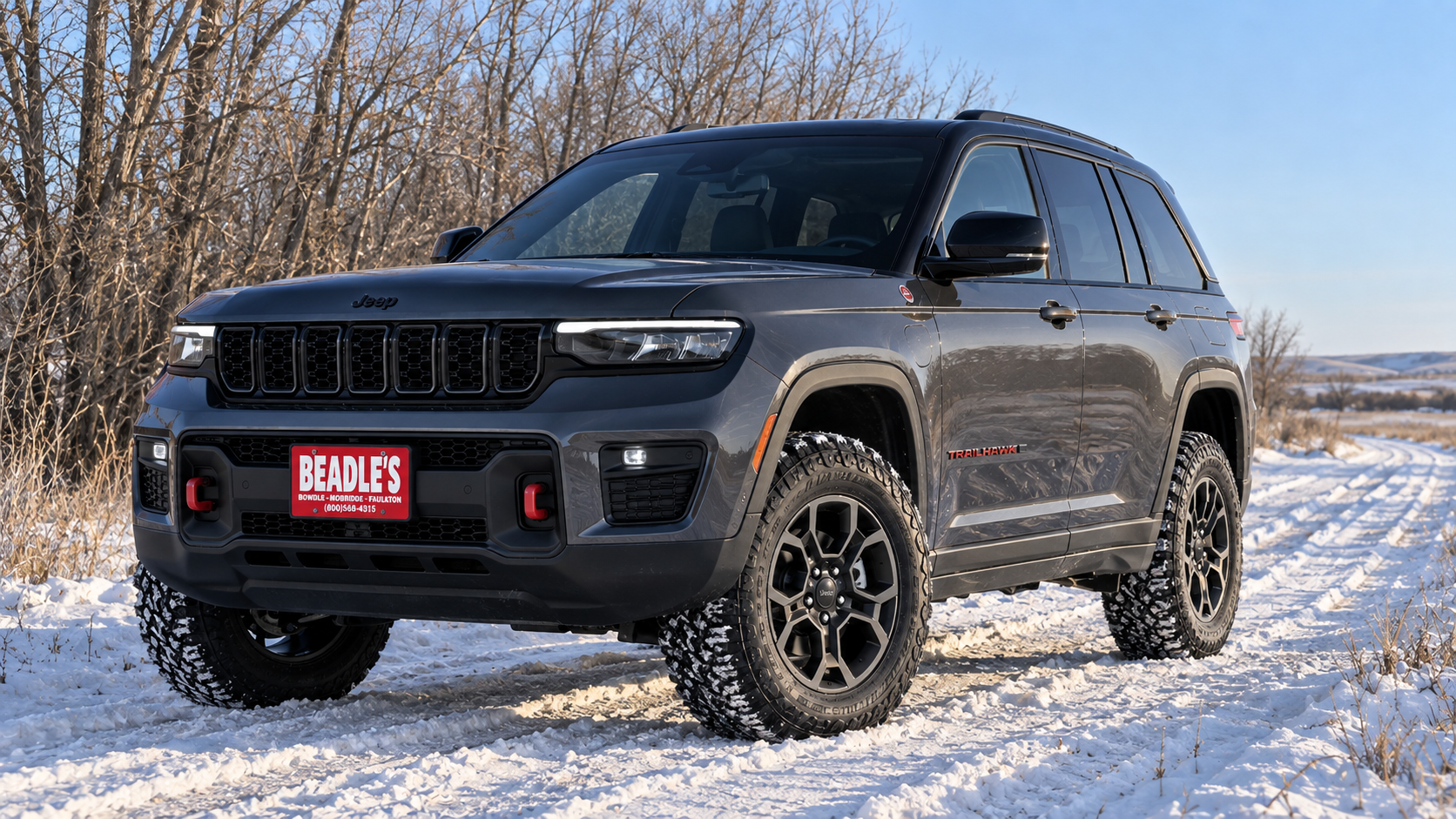 2027 Jeep Grand Cherokee Trailhawk 4x4 in the snow in South Dakota, at Beadle's Chrysler Center