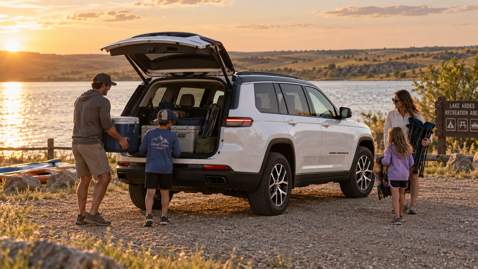 Family loading up a 2026 Jeep Grand Cherokee L at the lake in South Dakota, at Beadle's Chrysler Center