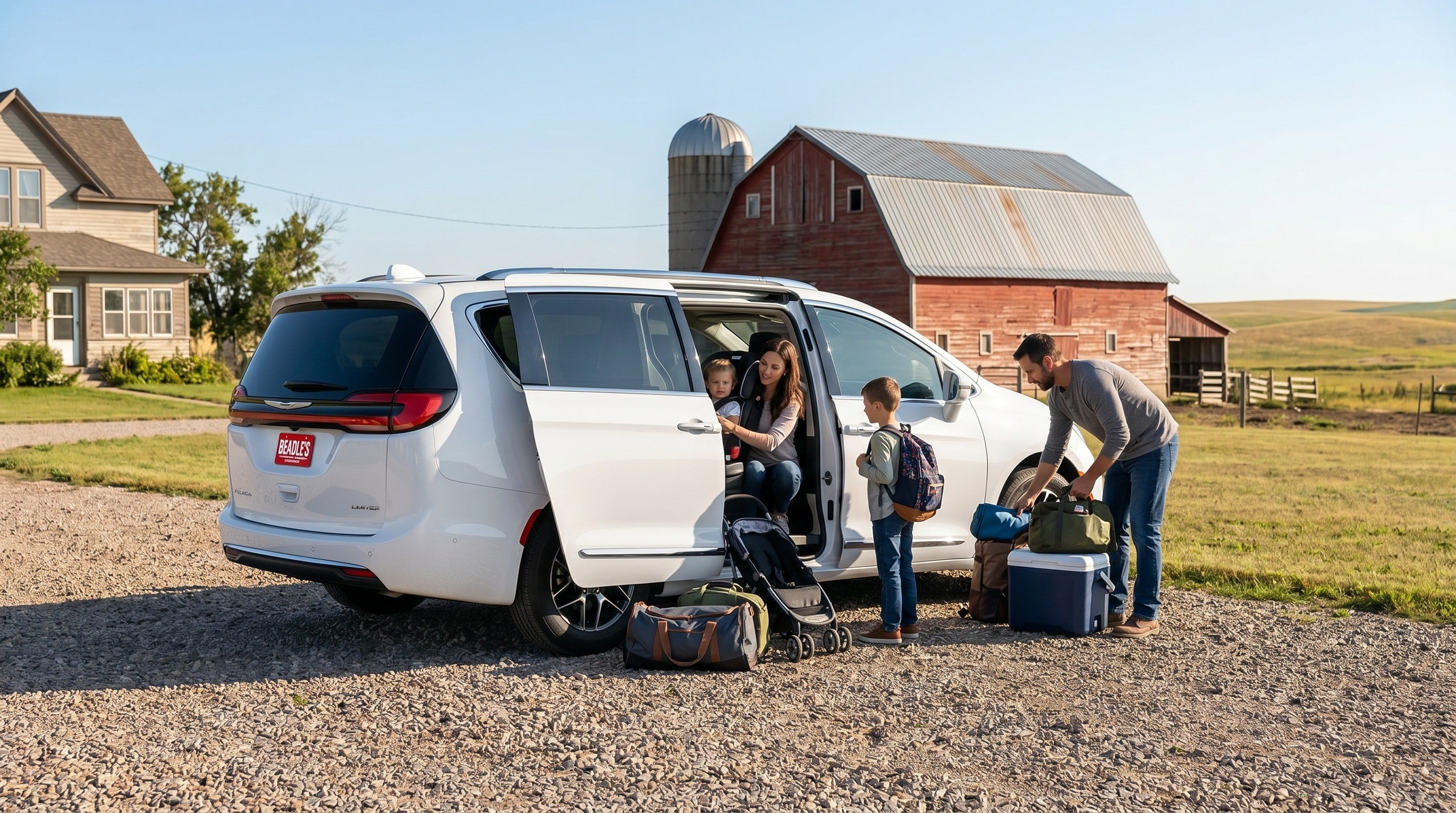 2027 Chrysler Pacifica with a family loading gear at a rural South Dakota farm