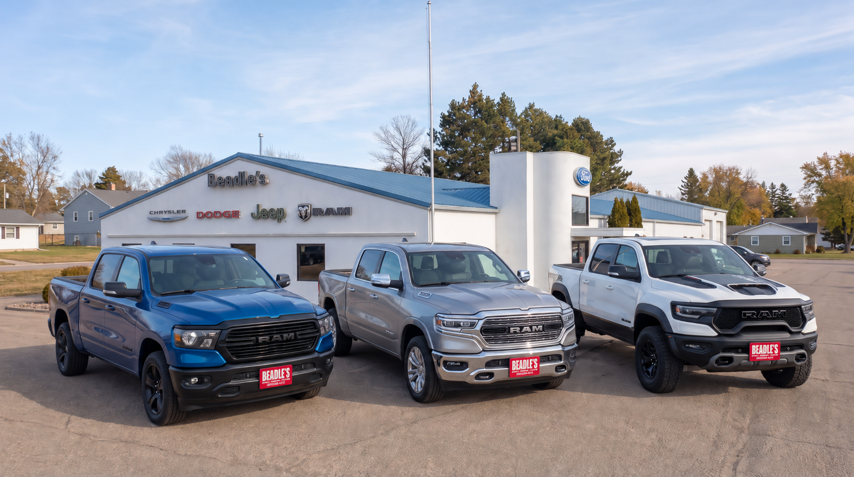 Ram 1500 trucks lined up at Beadle's in Bowdle South Dakota