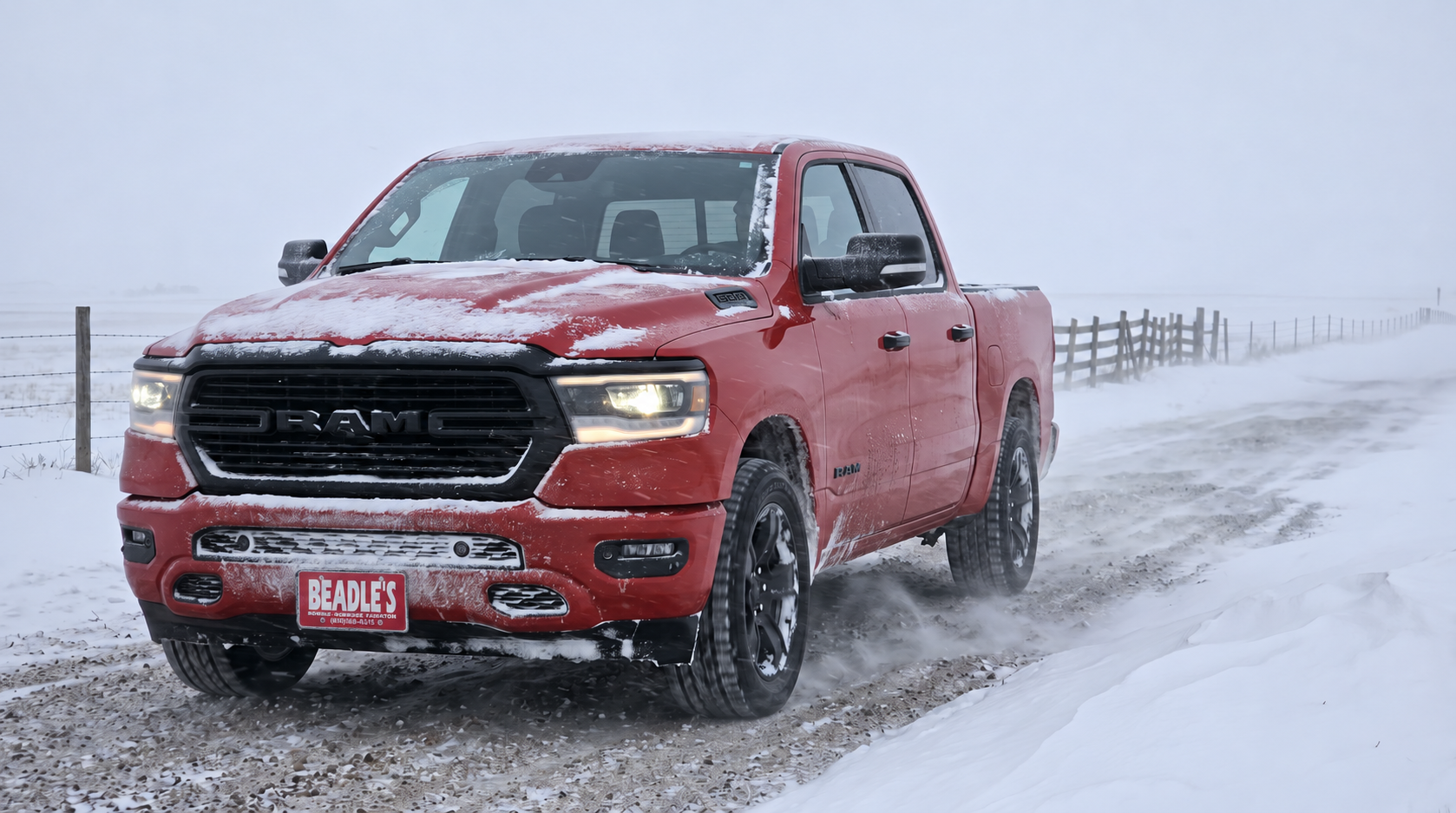 2027 Ram 1500 Tradesman 4x4 on a drifted road near Bowdle SD