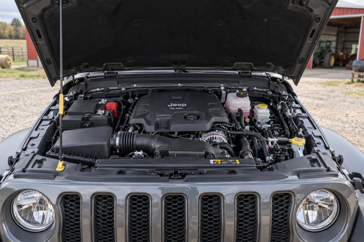 3.6L Pentastar V6 engine bay of a 2026 Jeep Wrangler, at Beadle's Chrysler Center