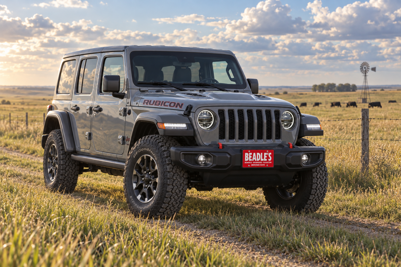 2026 Jeep Wrangler Rubicon on a pasture two-track in central South Dakota, at Beadle's Chrysler Center