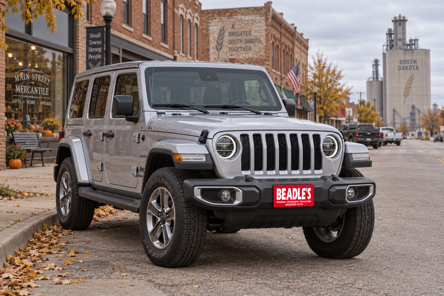 Silver Jeep Wrangler Sahara 4-Door parked on main street in Bowdle, South Dakota, at Beadle's Chrysler Center