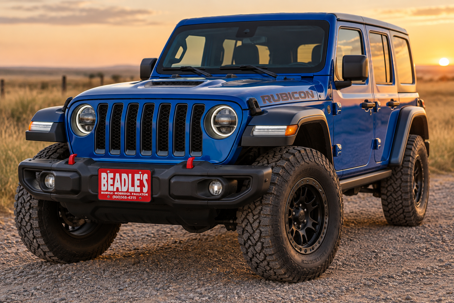 2027 Jeep Wrangler Rubicon close-up with red tow hooks and 35-inch tires, at Beadle's Chrysler Center