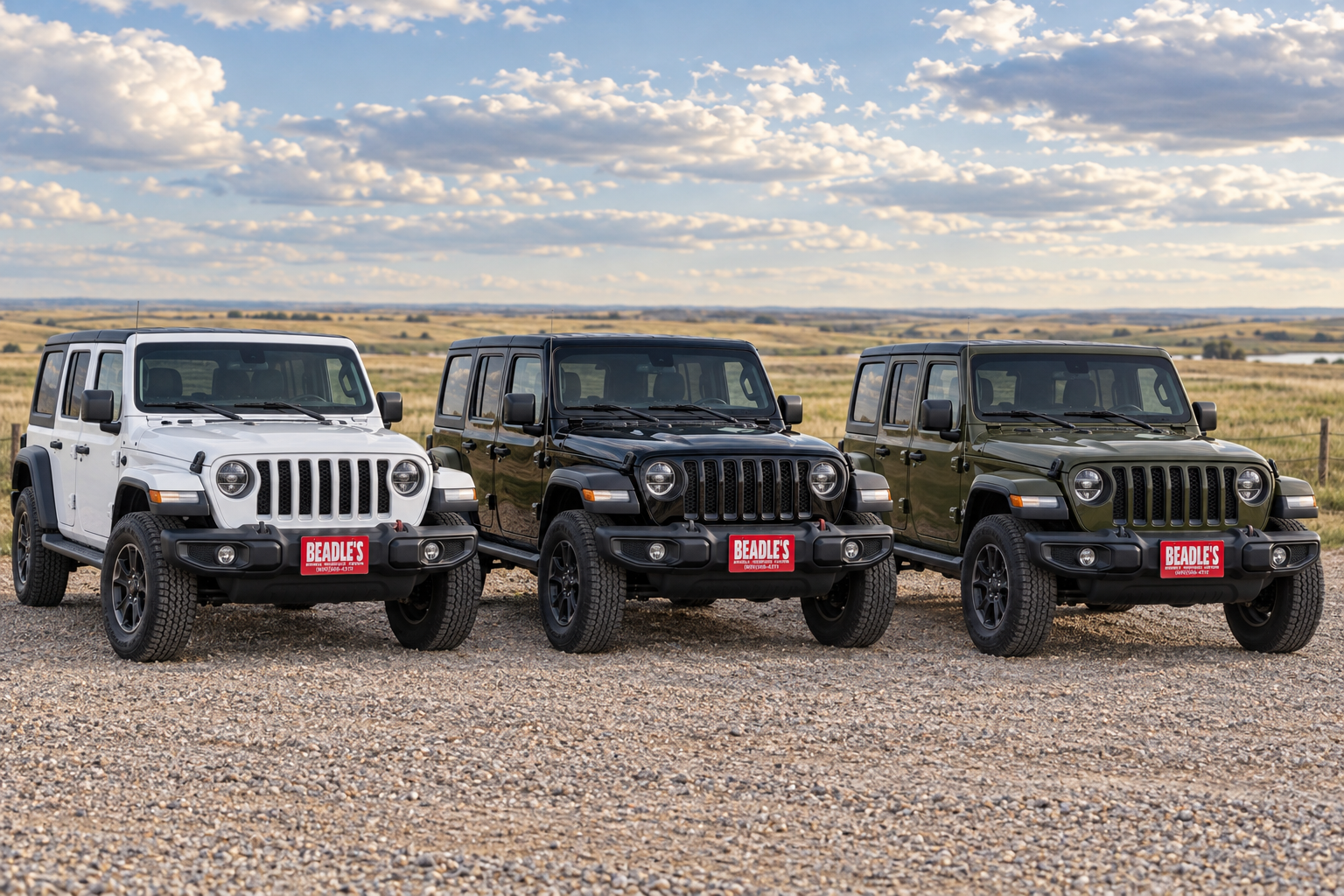 Three 2027 Jeep Wrangler 4-Doors in different colors lined up on a South Dakota gravel road, at Beadle's Chrysler Center