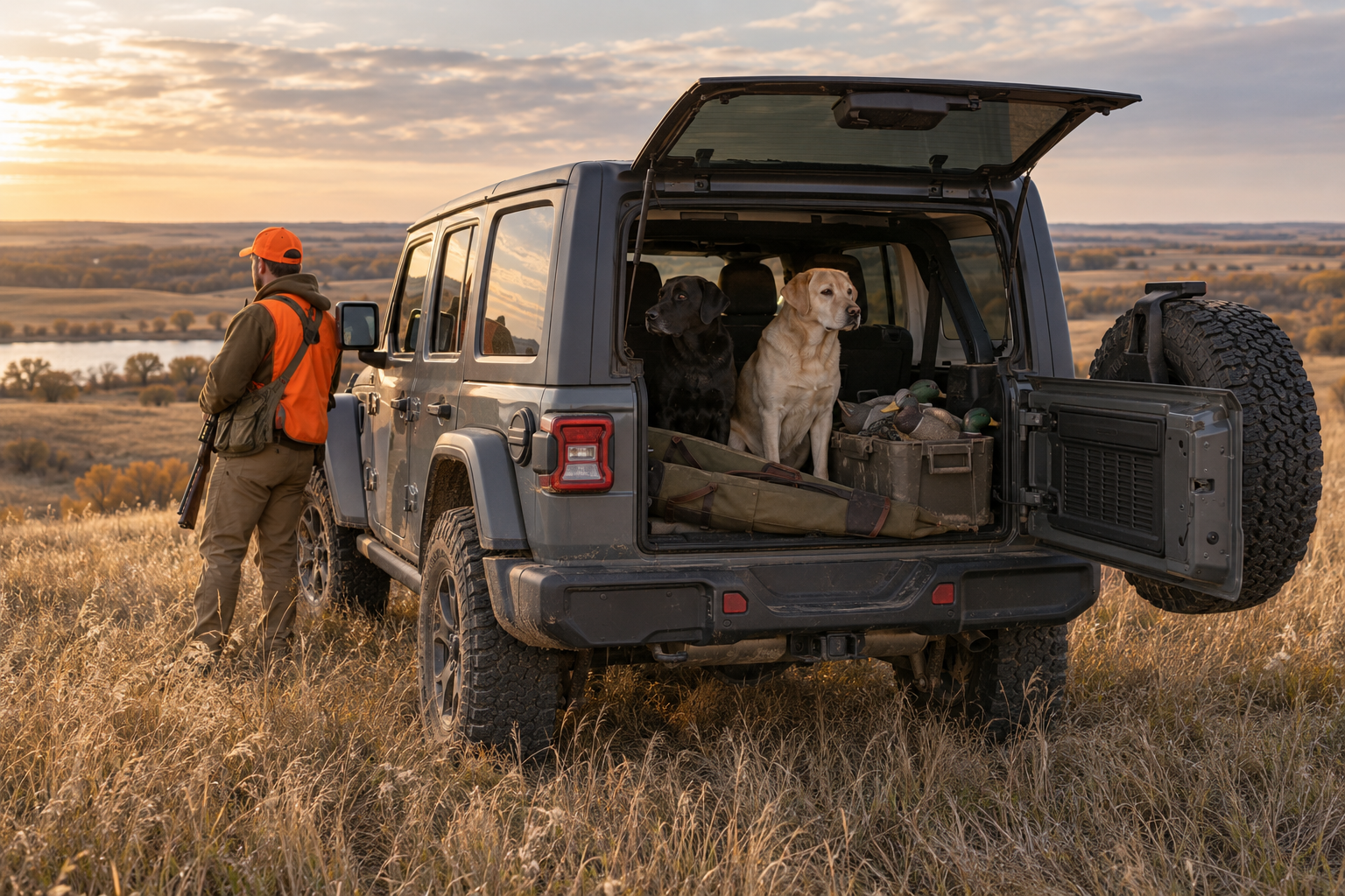 2026 Jeep Wrangler with the tailgate open, two Labs and shotgun cases in the back at the edge of a CRP field, at Beadle's Chrysler Center